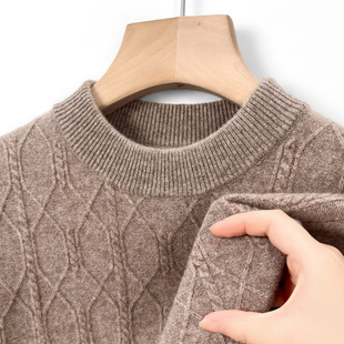2024 autumn and winter new men's solid color 380g 100 wool sweater pullover round neck solid color base sweater sweater