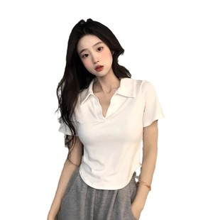 Ice Silk Polo Collar Shoulder Short-sleeved T-shirt Women's Summer Slim-fit Slimming Irregular Base Shirt T-shirt Short Top