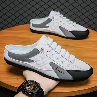 Wholesale men's shoes 2025 new breathable slip-on casual half slippers driving shoes heel-less canvas slippers