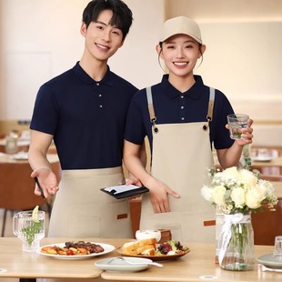 Fast food barbecue shop summer overalls short sleeve printing milk tea shop cafe hotel staff thin lapel T-shirt
