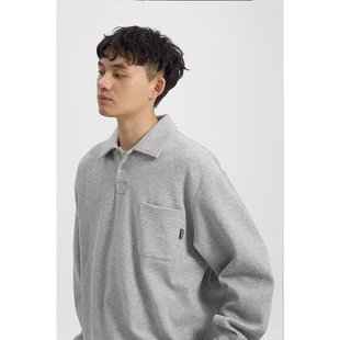 Japanese Long Sleeve Polo Shirt for Men and Women 2024 Spring Heavy Lapel Base Shirt for Couple Vintage Solid Color Loose Sweater