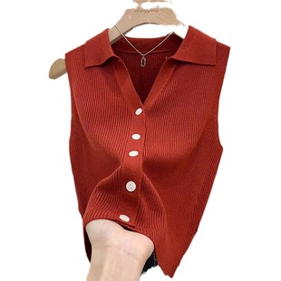 French New Arrival Single-breasted Cardigan All-match Slim-fit Short Base Shirt Ladies Elegant Simple Collar Sleeveless Vest for Women