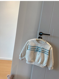 South Korea children's clothing 2024 autumn new girls sparkling ribbon bow bubble sleeve crew neck sweater pants suit