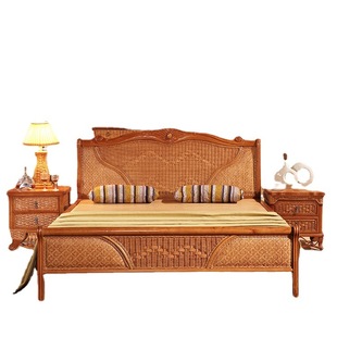 Factory wholesale B & B hotel commercial Villa natural rattan queen bed Indonesian rattan wood double bed
