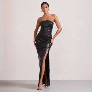 2024 cross-border European and American women's dress solid color PU leather fashion temperament slim tube top front split sexy long