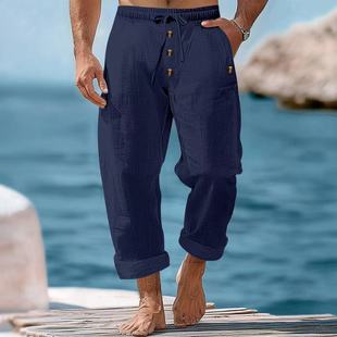 Cross-border Amazon Independent Station Spring and Autumn American Beach Pants Solid Color Cotton and Linen Loose Drawstring Button Casual Pants Men