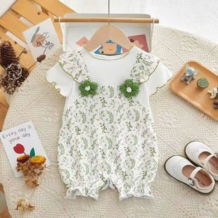 June-December baby clothes summer short-sleeved baby girl cotton class a one-piece fake two-piece Korean princess climbing suit