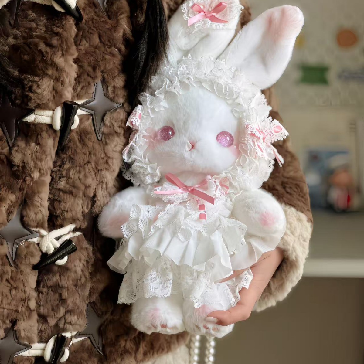Anime bag, Lolita bunny plush toy bag, pearl chain crossbody bag, plush backpack, two-dimensional bag.