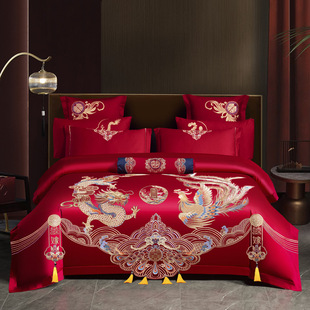 Shu Zunke | | High-end New Chinese Dragon and Phoenix Wedding Four-piece Wedding Red Embroidered Long-staple Cotton Wedding quilt Set