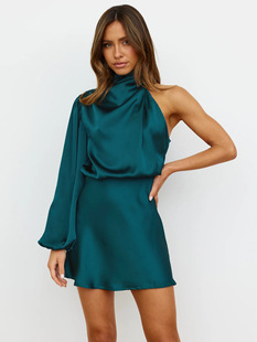 2023 cross-border autumn and winter European and American French design dress halter long sleeve dress satin elegant evening dress