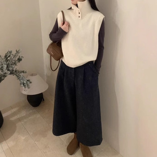 French Fashion Simple Half Open Collar Knitted Sweater Vest Women's Winter Stacked Warm Casual Loose Vest Top Trendy