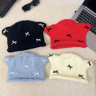 Hat Women's Sweet Cute Cat Ear Knitted Hat Autumn and Winter All-match Warm Bow Wool Hat Student Cold Hat