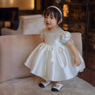 One-Year-Old Dress Girl's Birthday Princess Dress All-Match Western-style Flower Girl's Wedding Girl's Party White Pontoon Dress