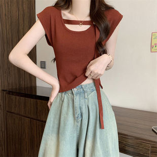 Square Neck Ice Silk Knitted Short-Sleeved T-Shirt for Women in Summer Thin Design Small Slim Fit Short Small Flying Sleeve Top