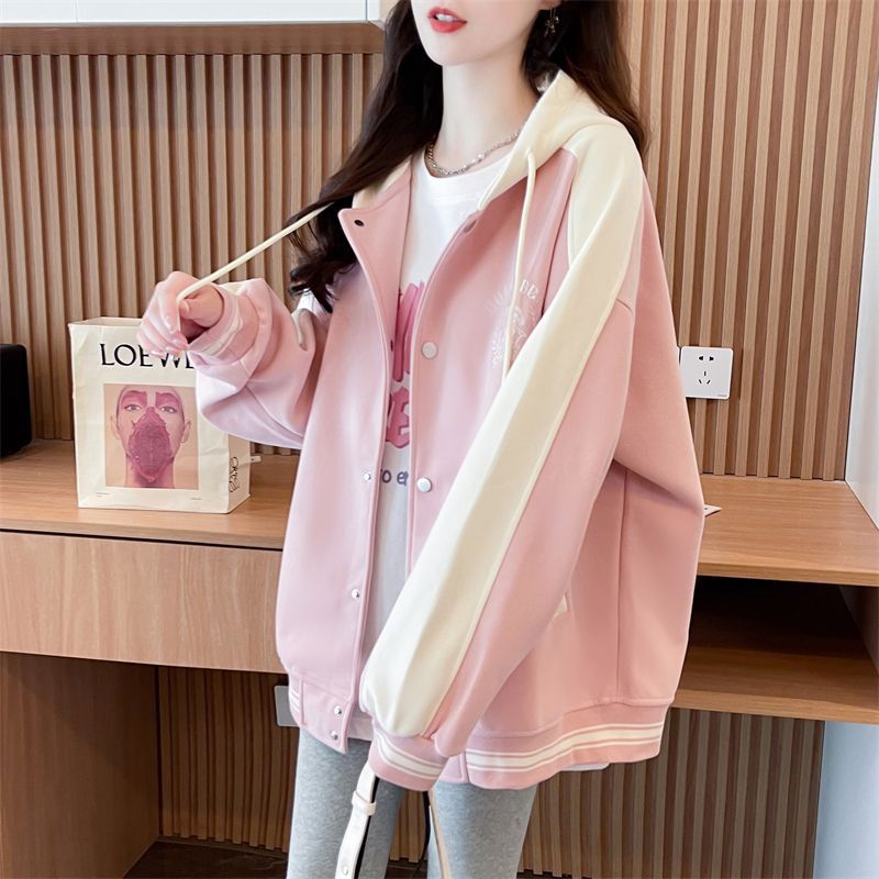 Early Spring Baseball Suit Jacket Women's Autumn and Winter Korean Loose plus size All-match Color Matching fleece-lined Thickened Cardigan Sweater