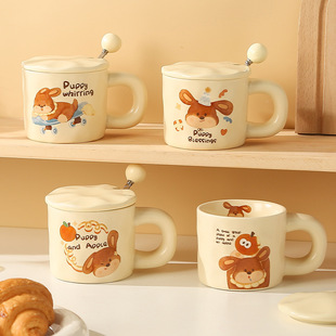 Cute milk fufu mug with lid spoon couple water Cup cartoon puppy ceramic cup with hand gift coffee cup girl