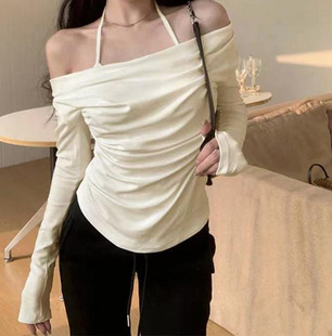 Long-sleeved T-shirt Women's Pure Desire Swing Collar Spring and Autumn Slim-fit Base Shirt Hanging Neck Fake Two-piece Sexy Elegant Top