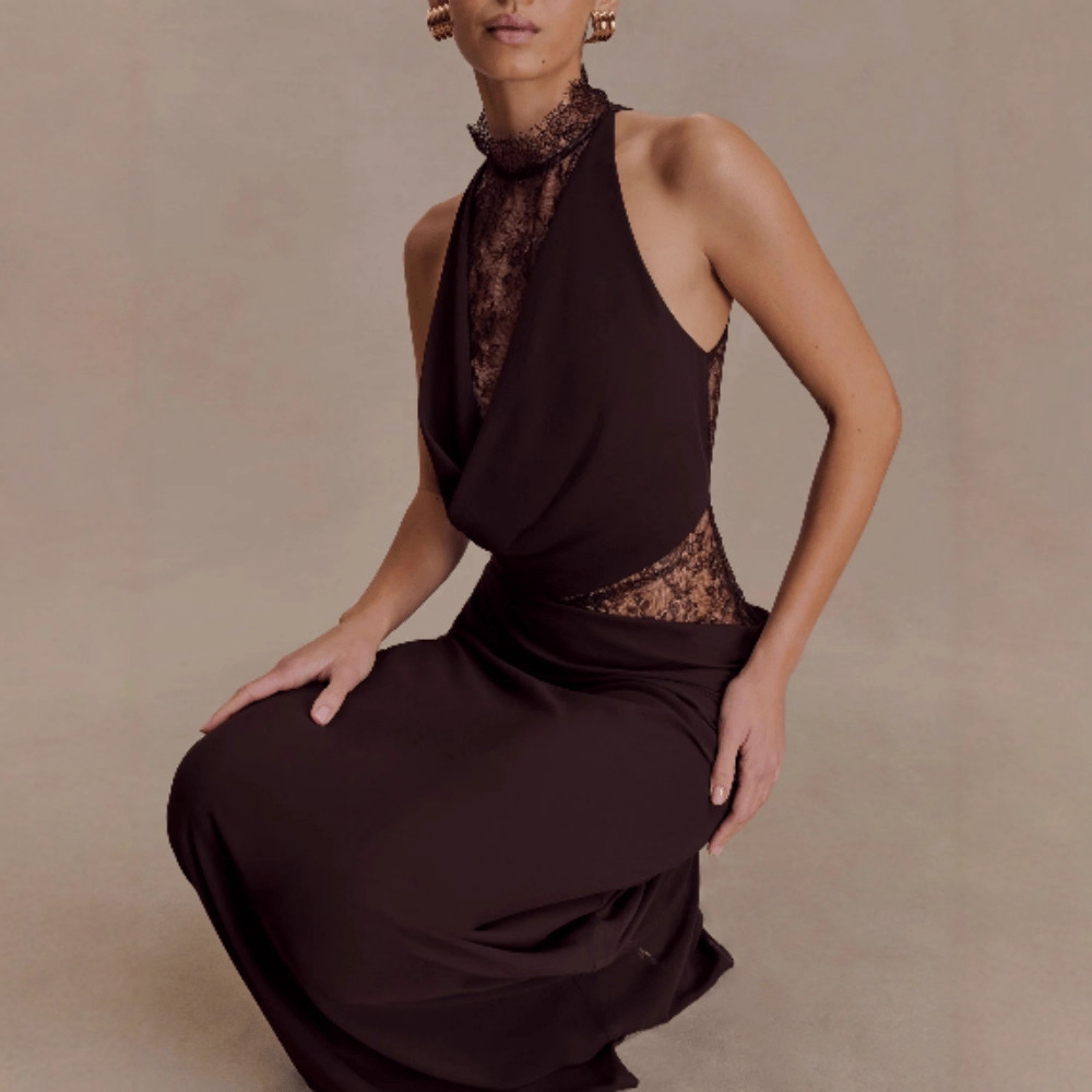 Independent Cross-Border European and American Fashion Hollow Backless Lace Patchwork Waist-Cinching Deep V Sexy Halter Neck Dress