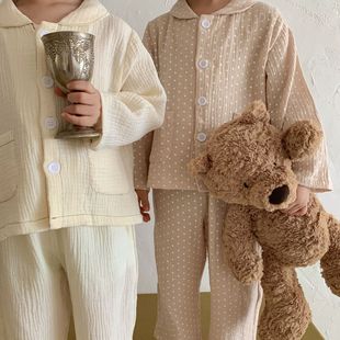 Children's Pajamas Baby's Spring and Autumn Pure Cotton Gauze Wave Dot Boys' Long Sleeve Two-Piece Set suit Girls' Home Clothes