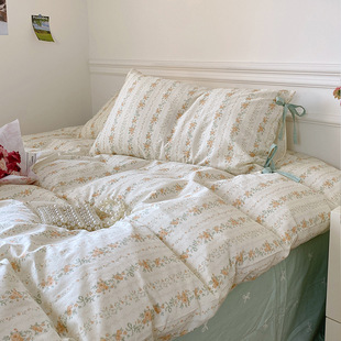 Little Red Book Spring and Summer Korean Floral Girl's Heart Cotton Four-piece Set Cotton Lace-up Bow Bed Sheet Quilt Cover for Hair