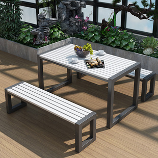 Outdoor Table and Chair Leisure Villa Courtyard Garden Park Terrace Coffee Table Plastic Wood Waterproof Open-Air Long Table and Chair Combination