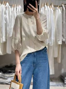 2025 Summer Haute Couture Silk Color Gold Jacquard Fabric Lantern Sleeve Lace Splicing Age-Reducing Easiest for Match Top 67