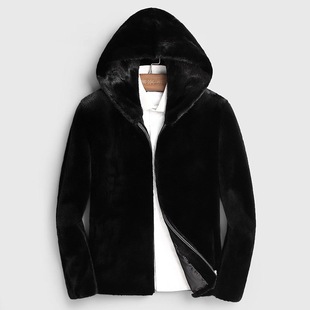 American Bauer Mink Coat Men's Whole Mink Imitation Mink Short Hair Velvet Hooded Casual Mink Fur Coat