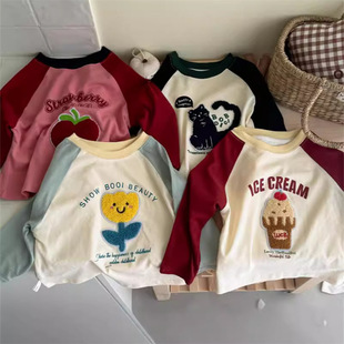 100 cotton 2024 spring and autumn children's cartoon contrast color baby girls and boys raglan sleeves long sleeve T-shirt top