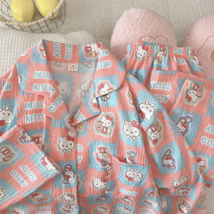 Весна и осень HelloKitty клетчатая хлопчатобумажная пижама женская длинная рукава японский отдел 2025 новый студенческий костюм лето
