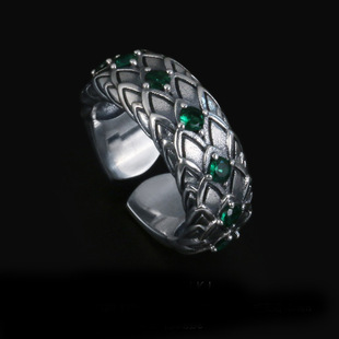 Vintage Men's Thai Silver Ring Green Crystal Snake Scale Silver Snake Jewelry Domineering Index Finger Ring INS Niche Trendy Women