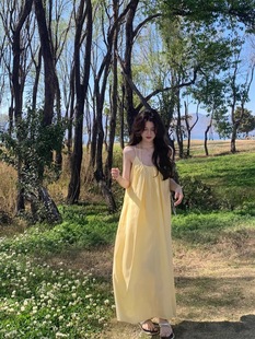 Holiday Style Yellow Sling dress Women's Clothing Summer Seaside Wear Skirt Loose Age-reducing A- line Skirt Long Skirt