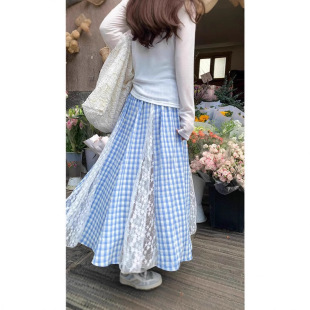 Spring New Design Lace Splicing Blue Plaid Skirt High Waist Slim Long Skirt A-Line Skirt