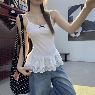 Song Zhengen White Bow Camisole Vest Women's Spring Lace Lace Hem Slim Fit Stacked Inner Tops