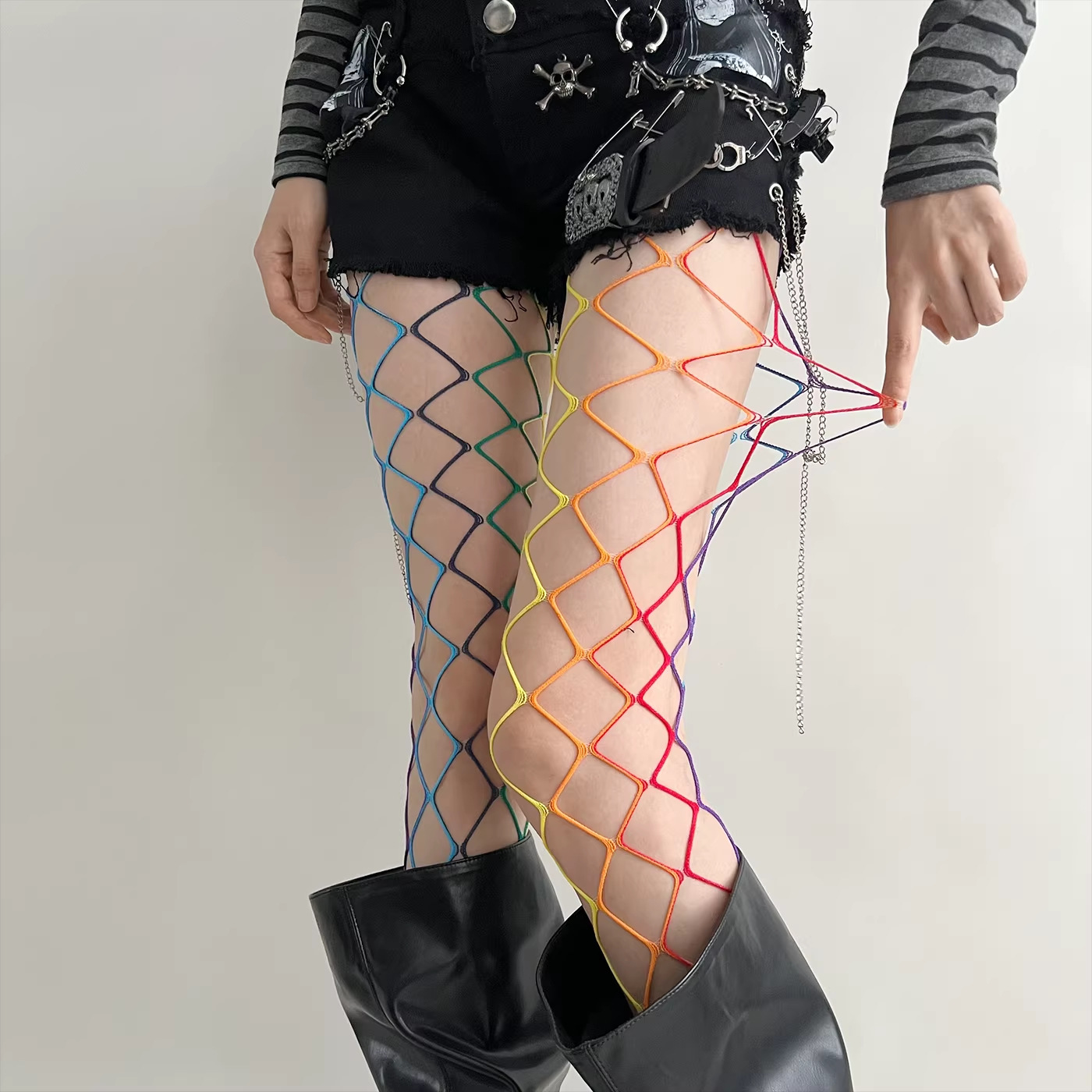 Colorful Gradient Fishnet Stockings for Women, Spring and Autumn Style, Y2K Subculture Niche Hollow-Out Stockings, Sexy Hot Girl Leggings