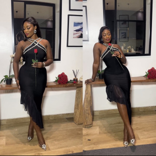Amazon AliExpress Foreign Trade Cross-border Black Strap Diamond Sexy Socialite Bandage Dress dress Evening Dress