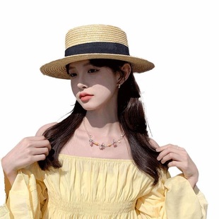 Straw Woven Top Hat Women's Sunscreen Sun Hat Summer Seaside Beach British Retro Flat Top ins Style