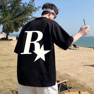 2025 Summer American Letter Printed Short T-shirt Men's Loose Round Neck Couple's Casual All-match Half-sleeve T-shirt