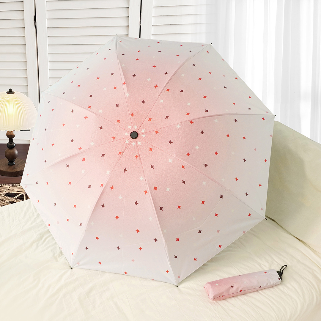 Wholesale in-stock, high-quality cartoon black vinyl umbrellas, suitable for both sun and rain, with full-print digital printing, three-fold umbrellas for sun protection and sunshade.
