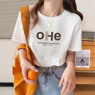 Summer Short-Sleeved New Women's Combed Cotton Letter T-Shirt Fashionable Casual Bottoming Pure Cotton Korean Style T-Shirt Women's Half-Sleeve