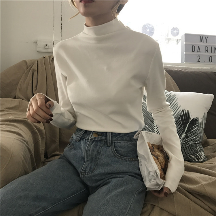 하이 칼라 플리스 베이스 셔츠 여성용 봄 가을 겨울 새로운 모든 매치 긴팔 티셔츠 슬림핏 슬리밍 웨스턴 스타일 이너웨어 의류