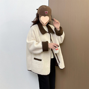 European goods contrast lapel lambswool coat women's 2024 spring and autumn fashion loose casual short one-piece top