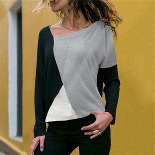 European and American AliExpress long-sleeved T-shirt women's all-match Western style slimming Amazon spring and autumn contrast color stitching casual top