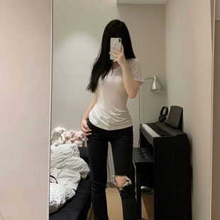 Pure Sweet Spice Girl V-neck Short-sleeved T-shirt Women's Slim-fit Slimming Basic All-match Base-layer Shirt Top with Trendy Inner Wearing Outer Wearing