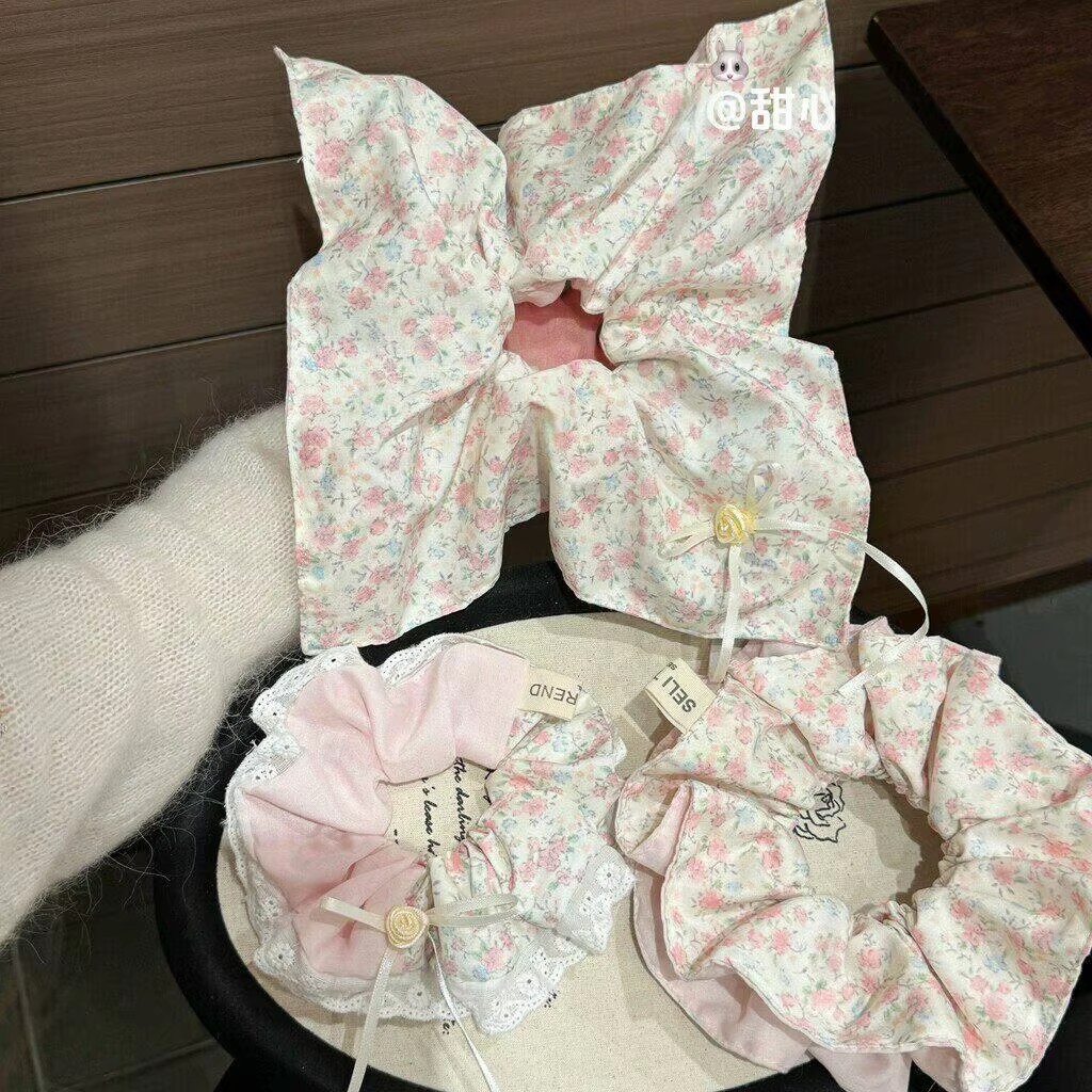 Pink Rose Cherry Blossom Summer Bowknot Fresh Floral Double Combination Elegant Versatile Hair Accessory Women's Scrunchie