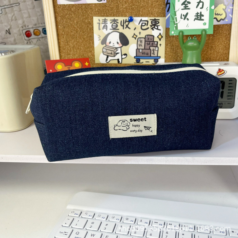 New Denim dark blue pencil case large capacity junior and senior high school students with grid compartment pencil case cross-border wholesale