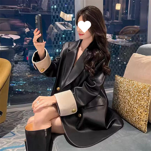 High-end black pu leather coat women's 2025 spring and autumn Korean version of loose casual design color matching suit top