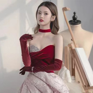 Bridal toast dress gloves wine red gold velvet women's vintage banquet wedding dress photography hand sleeve arm sleeve extended