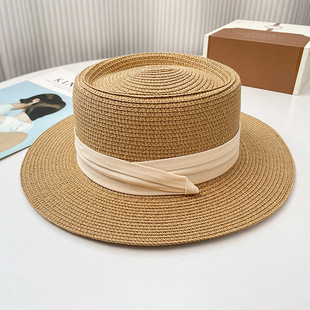 South Korea Woven Straw Hat Women's Summer Top Hat Vintage Flat Top Hat Seaside Beach Hat Sunscreen Sunshade Hat Big Brim