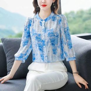 Floral chiffon shirt women's three-quarter sleeve 2023 Summer new loose slimming shirt belly covering shirt small shirt plus size