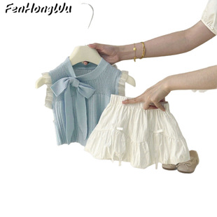 [Pink House] suit 2025 New Foreign-style Children's Bow Knitted Vest Top Flower Cotton Dress Two-piece Set